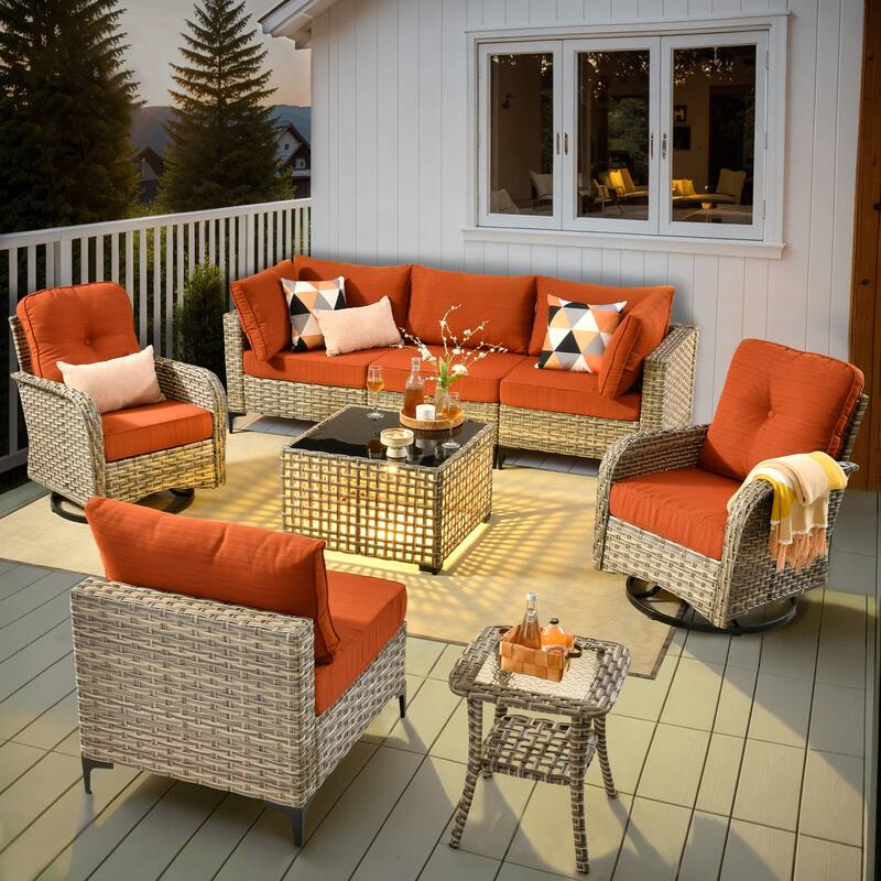 OVIOS 8 Pieces Outdoor Wicker Swivel Chair Set With Solar-Powered Coffee Table