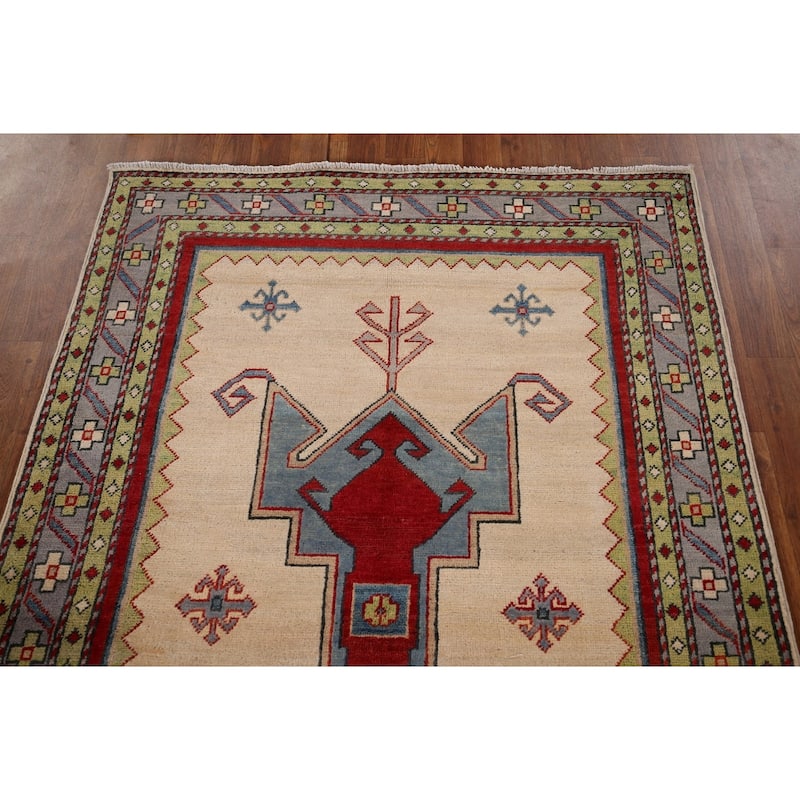 Oriental Beige Kazak Area Rug Handmade Wool Carpet - 4'1" x 6'0"