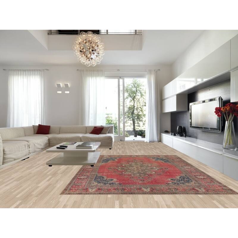 Distressed Tabriz Persian Vintage Rug Hand-Knotted Wool Carpet - 9'6"x 12'10"