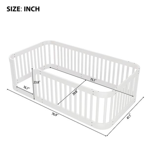 dimension image slide 1 of 2, Wood Twin Size Wood Floor Bed Frame with Slats and Safety Guardrails, Wood Montessori Floor Bed for Kids, Girls, Boys