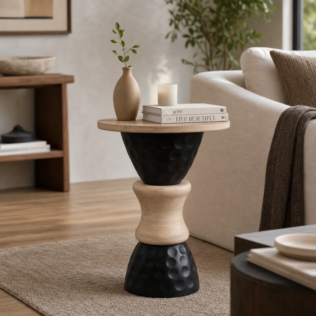 Textured Hourglass Shape Side Table - Carved Design - 22", Tan & Black - 22.0"