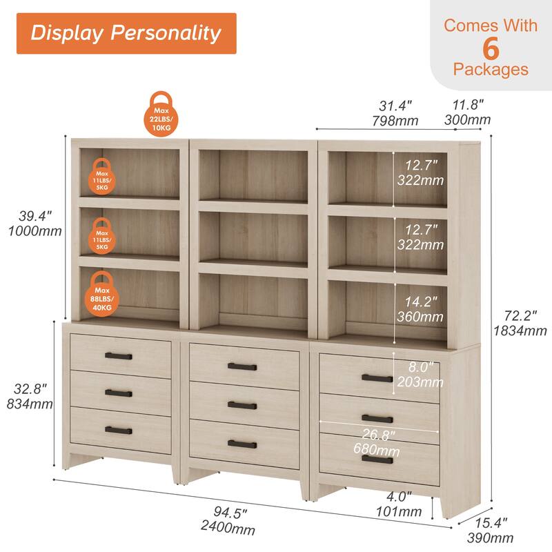 3-Tier Bookshelf with 3 Large Drawers, 74" Tall Farmhouse Bookcase with Wide Metal Handles, for Living Room, Office, Library