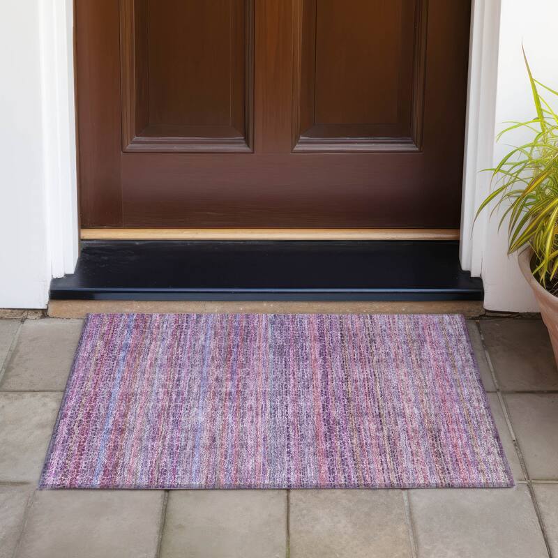 Machine Washable Indoor/Outdoor Transitional Striped Chantille Rug - Purple - 1'8" x 2'6"