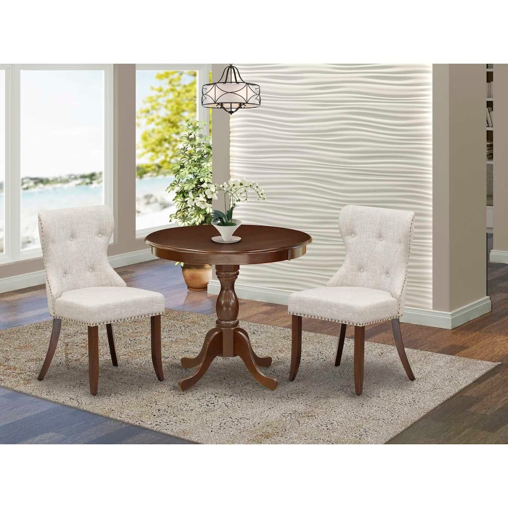 3-Piece Mahogany Finish Solid Wood Top - Button Tufted Dining Room Set - Seats 4