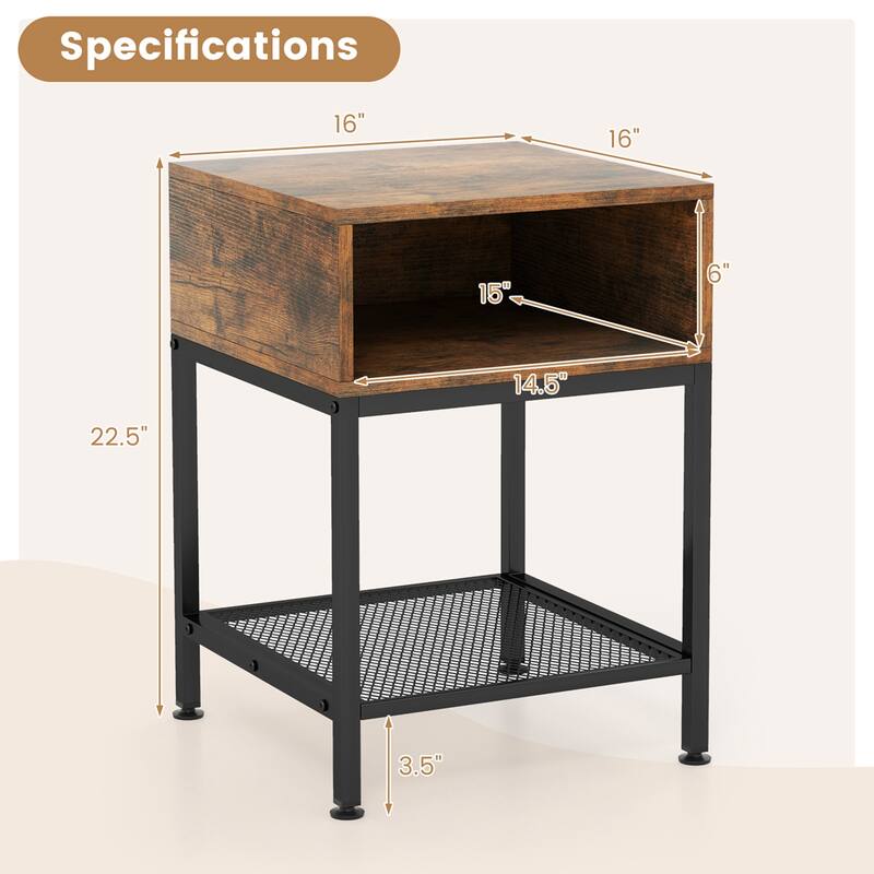 2 PCS 3-tier Wood Top End Table w/ Metal Frame Storage Cube & Mesh - See Details