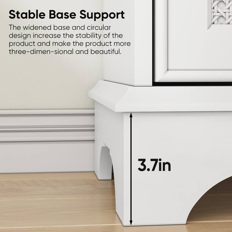 Modern White Rattan Cabinet with Adjustable Partition, 2 Doors, Freestanding Accent Storage for Hallway or Kitchen