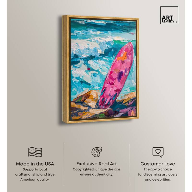 Art Remedy Just A Little Break Wave Framed Colorful Coastal 1 Piece Canvas Wall Art
