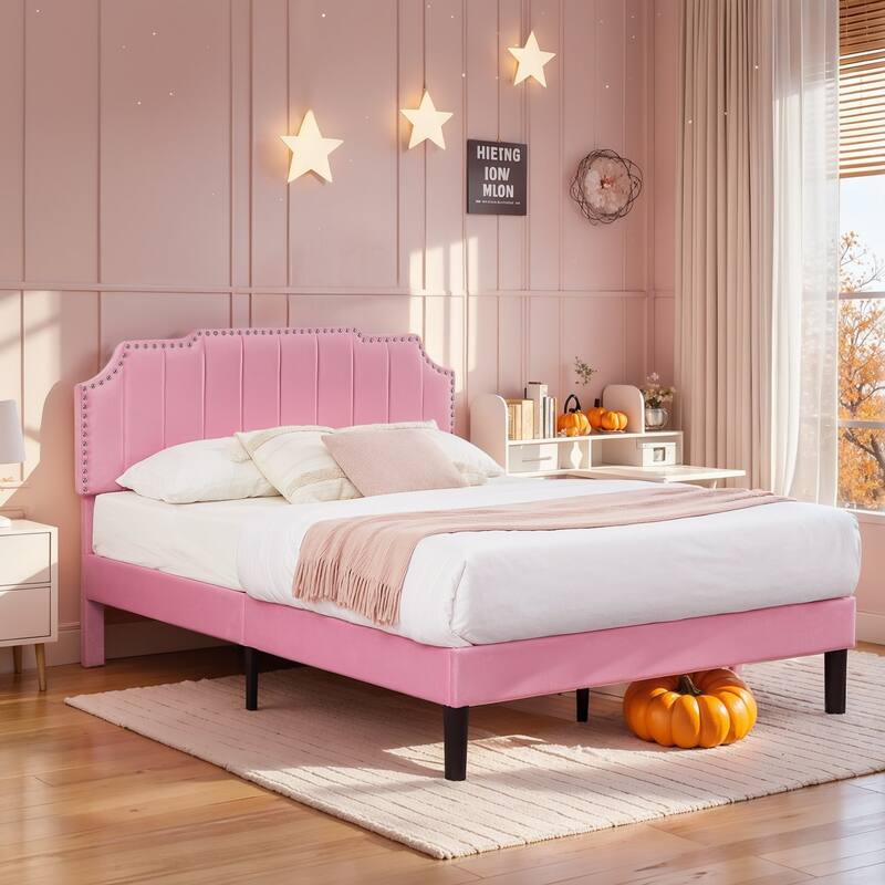 VECELO Upholstered Bed Frame with Nailhead Trim Adjustable Height Headboard, Twin/Full/Queen Size Bedframes - Pink - Queen