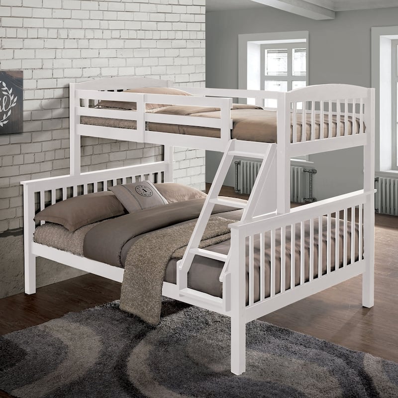 White Twin Over Twin Bunk Bed with Slat Design and Angled Ladder - White