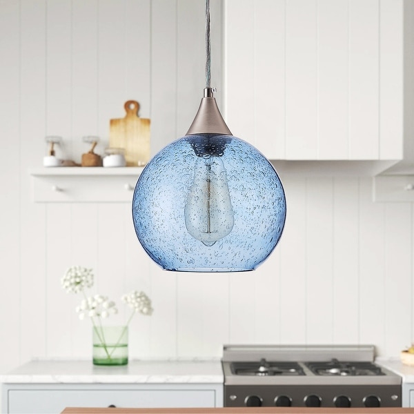 Farmhouse 1 Light Brushed Nickel Pendant Lamp with Blue Seeded Glass Shade
