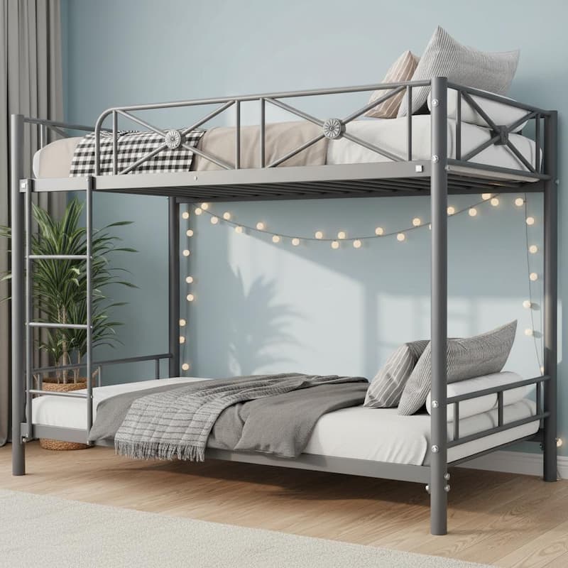 Metal Bunk Bed Twin Over Twin, with Safety Guard Rails