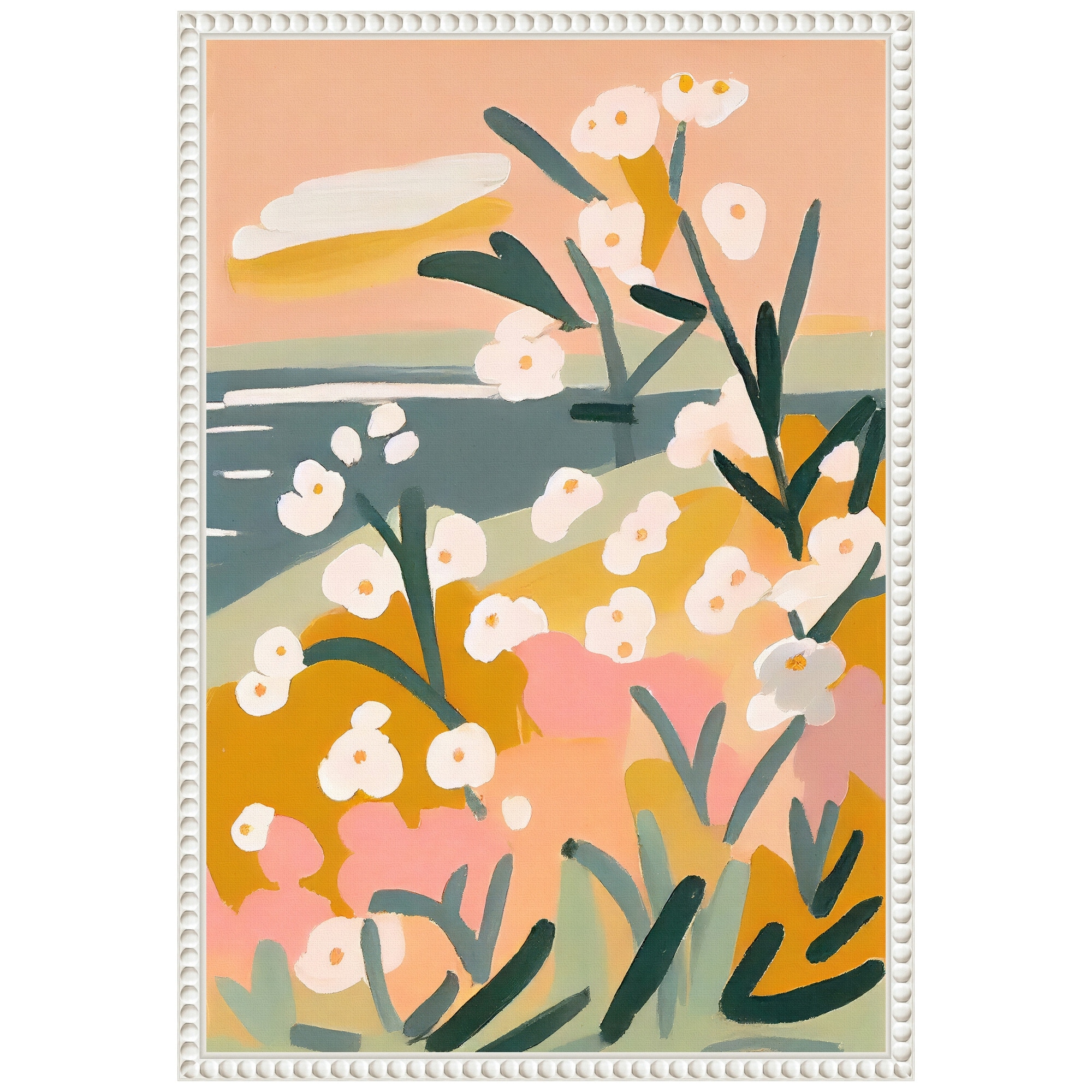 Flowers By The Sea by Treechild Framed Canvas Wall Art - Sylvie Beaded White