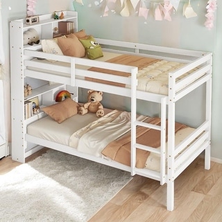 Twin Over Twin Bunk Bed with Shelves Headboard, Safety Guardrails and Ladder,Detachable Beds