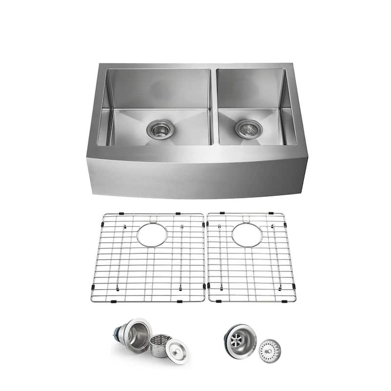 Handcrafted Farmhouse Apron Double Bowl Real 16 gauge Stainless Steel Kitchen Sink with Strainer and Grid - 33 Inch