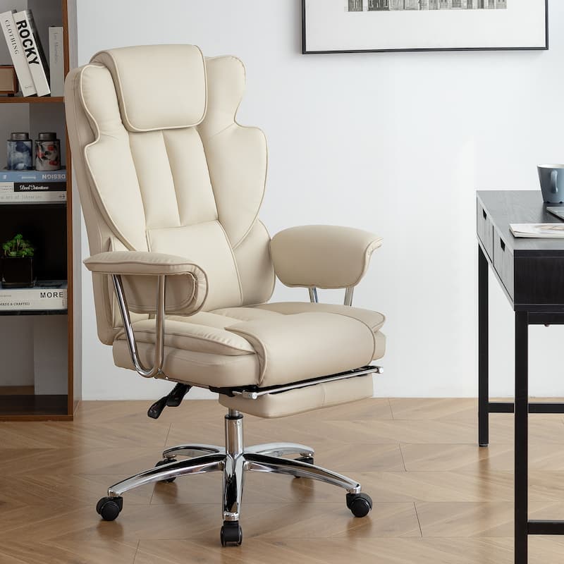 Beige Bonded Leather 360° Swivel Ergonomic High Back Office Recliner with Lumbar Support, Footrest, Adjustable Height