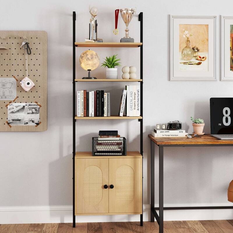 Costway 1/2 PCS Ladder Bookshelf with Rattan Cabinet 71" Tall Wall