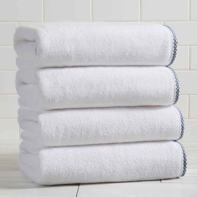 Linery & Co. Quick-Dry Cotton and Decorative Border Towel Set - Bath Towel (Pack of 4) - White / Chambray Blue