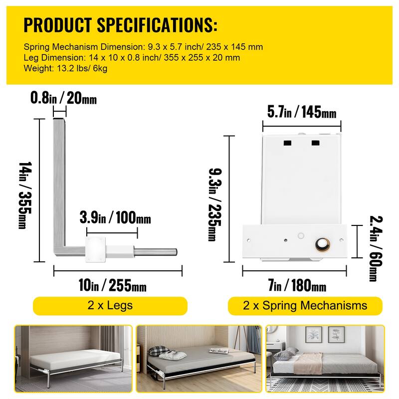 UIMOSO Murphy Mounting Wall Springs Mechanism Heavy Duty Support Hardware DIY Kit for Queen Twin Size Bed