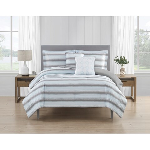 DESIGN STUDIO Relaxed Stripe Aqua/Gray Ultra Soft 5 PC Comforter Bedding set