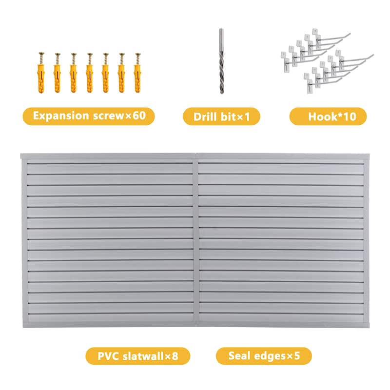 Heavy Duty PVC Slatwall Garage Organizer 8x4 ft with 10 Panels, Wall-Mounted Tool Storage System - 94.49"L x 47.24"W x 0.25"H