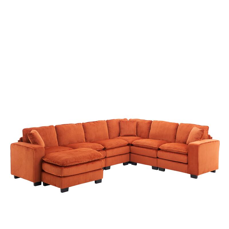 Modular Sectional Sofa for Living Room, U Shaped Sofa Couch with Ottoman and Three Toss Pillows, Corduroy Fabric Sofa Set
