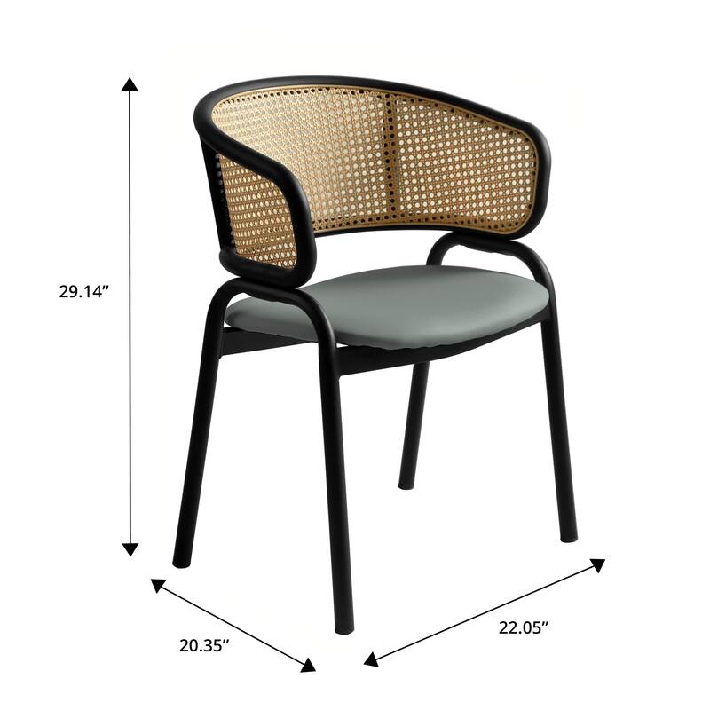 LeisureMod Set of 2 Modern Leather Dining Chair with Wicker Back & Black Steel Frame - Accent Side Armchair for Home Furniture