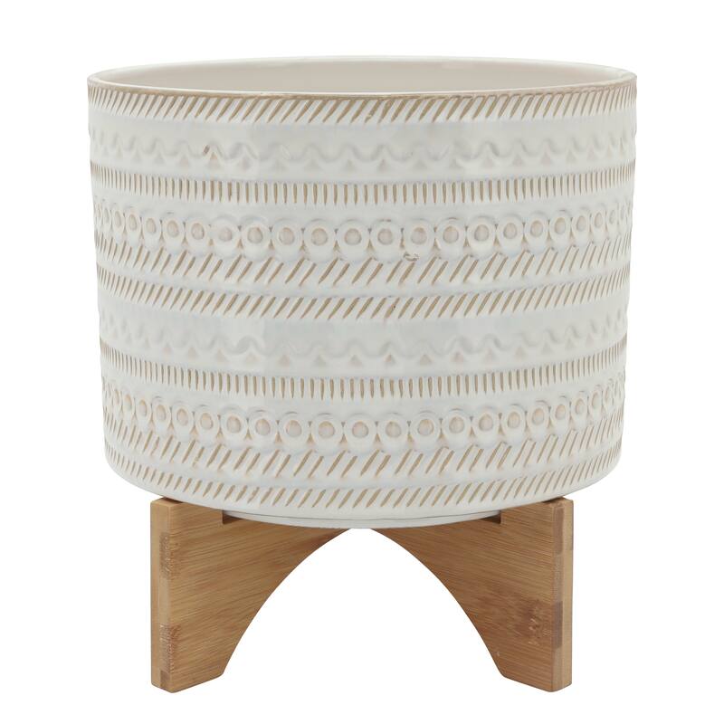 Sagebrook Home Tribal Ceramic Planter Pot with Natural Wood Stand