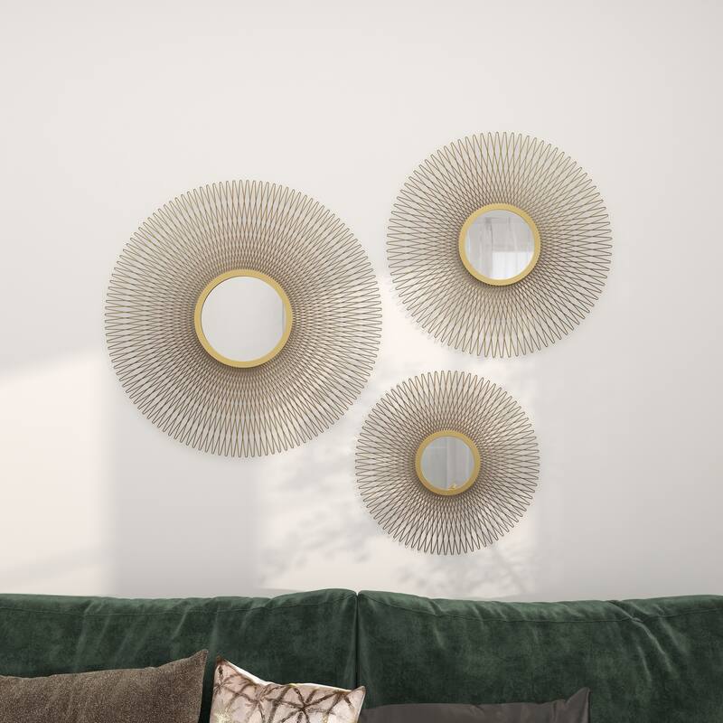 Metal Sunburst Home Wall Decor with Mirrored Accent - Set of 3 Gold - Roche River Decor