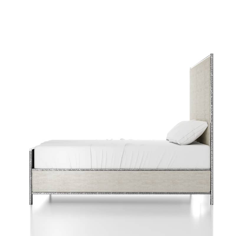 Furniture of America Zayen Modern Beige Upholstered Queen Size Hammered Metal Platform Bed