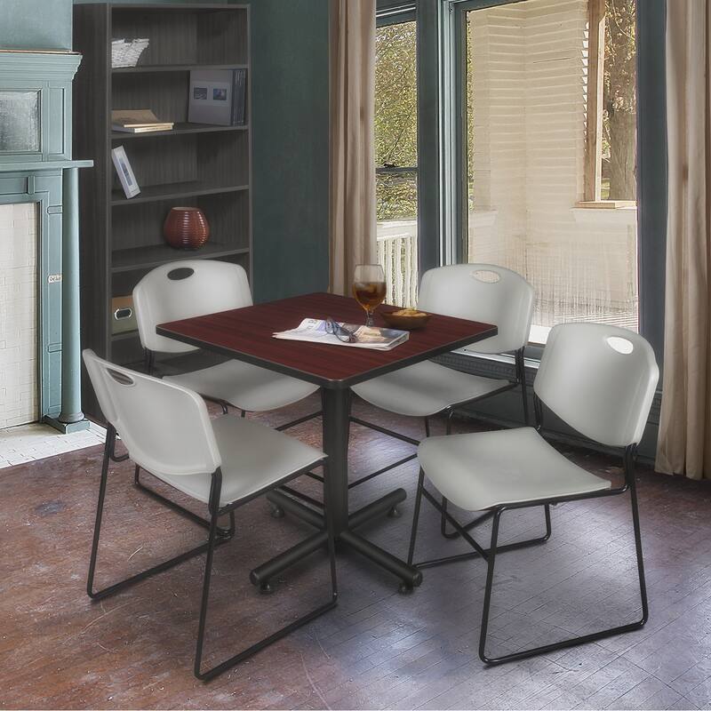 30 in. Square Breakroom Table- Mahogany & 4 Stack Chairs- Grey