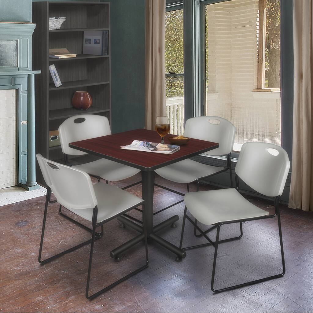 30 in. Square Breakroom Table- Mahogany & 4 Stack Chairs- Grey
