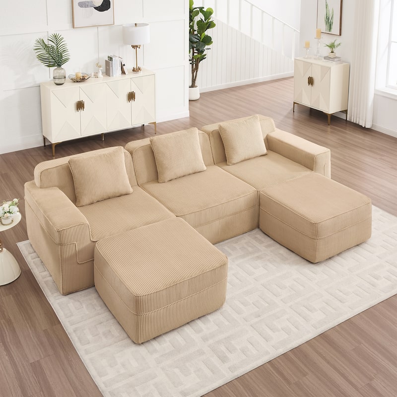 GDFStudio - Corduroy Modular 3-Seater 117.3" U-Shaped Boneless Cloud Sofa with 2 Ottomans - Camel