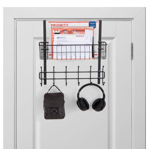 Wall35 Porta Over the Door Hook for Organization and Storage, Black Wire Basket with 6 Hooks