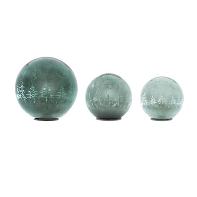 LED Pine Tree Globe Set of 3 Glass Winter Decor with Warm Lights - 7.75” x 7.75” x 7.25”