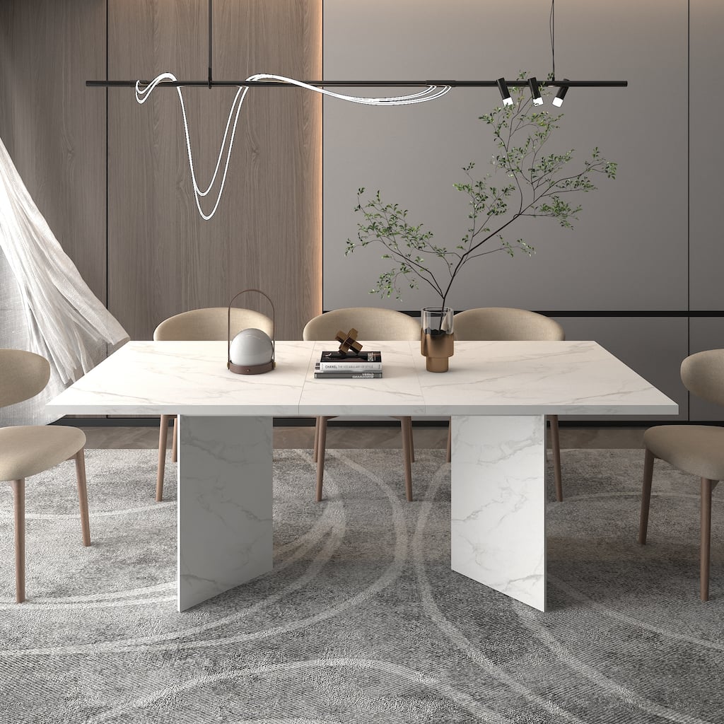 Extendable Dining Room Table for 6 8 10, Modern Faux Marble Wooden Long Large Rectangular Expanding Conference Kitchen Table