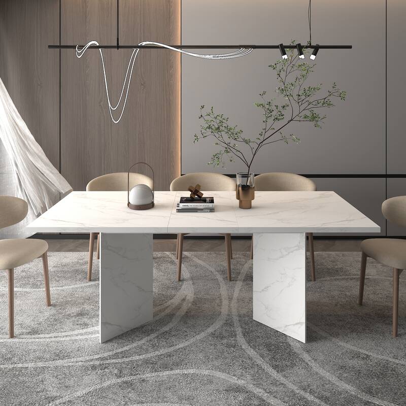 Extendable Dining Table, Wooden Kitchen Table with V-Shaped Legs, Coffee Table with Silent Glide Rails