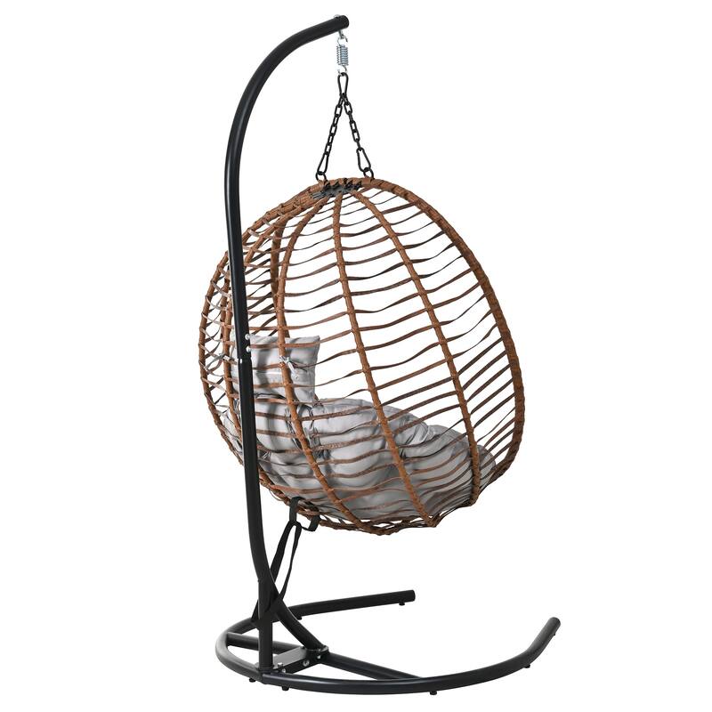 Roomfitters Single Person Folding Egg Chair with Stand, UV Resistant Wicker Rattan Swing for Patio, Garden