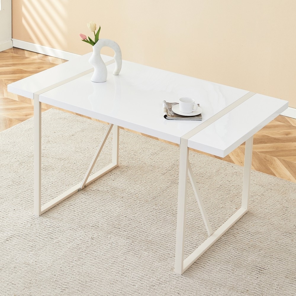 Modern Cream Style Dining Table with Thick MDF Top and White Metal Legs Frame