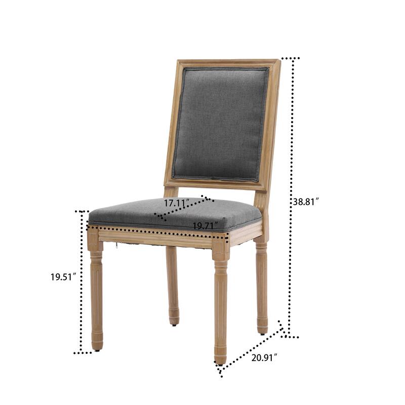 Elegant French Style Set of Two Linen Upholstered Dining Chairs with Solid Rubberwood Frame Legs