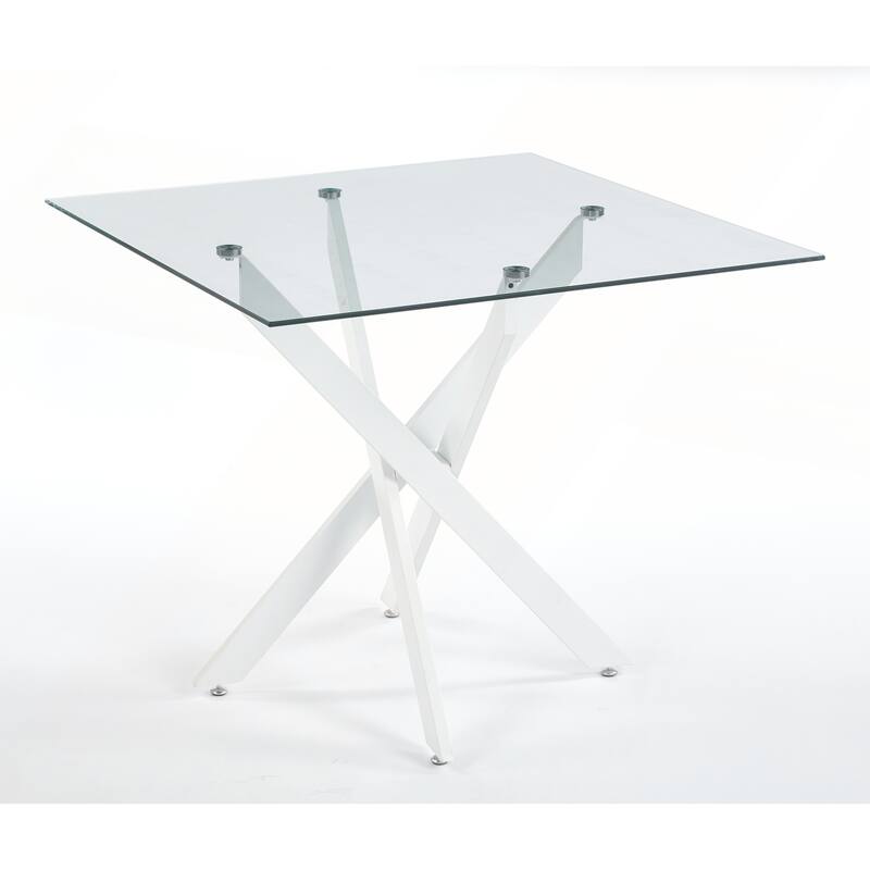 Modern Square Tempered Glass Dining Table with Stable Cross Metal Leg