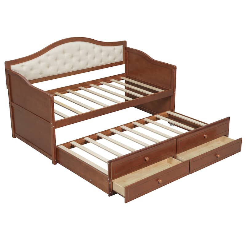 Wooden Frame Day Bed, Twin Size Daybed with Trundle Bed, Upholstered Tufted Button Backrest Sofa Bed with 2 Storage Drawers