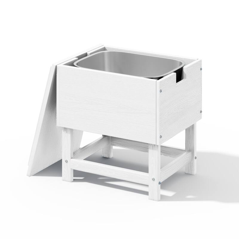 Outdoor Patio Weather Resistant HDPE Coffee & Side Table, Build-in Stainless Steel Cooler Bucket - White
