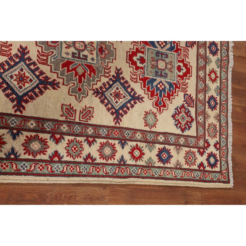 Geometric Kazak Oriental Accent Rug Handmade Beige Wool Carpet - 3'3" x 5'0"