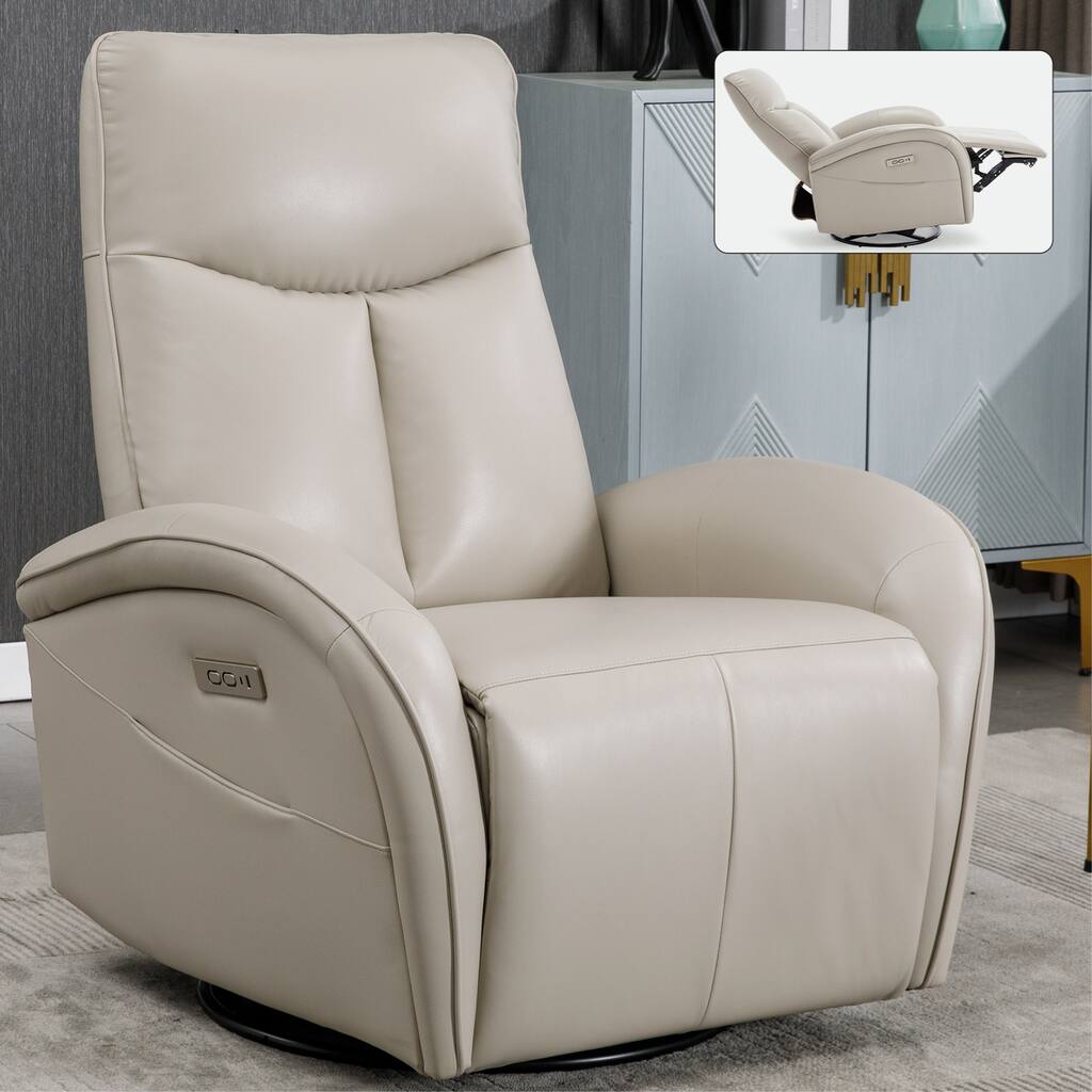 Beige PU Leather Swivel Glider Recliner, USB & Type-C Ports, Pockets
