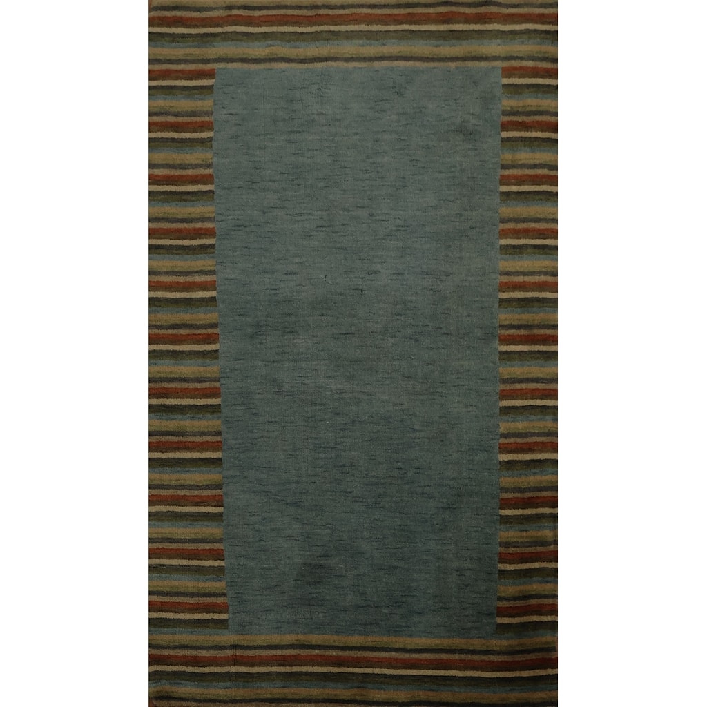 Hand Knotted Oriental 100% Wool Carpet Modern Geometric Green Gabbeh Area Rug - 5' 7'' X 3' 5''