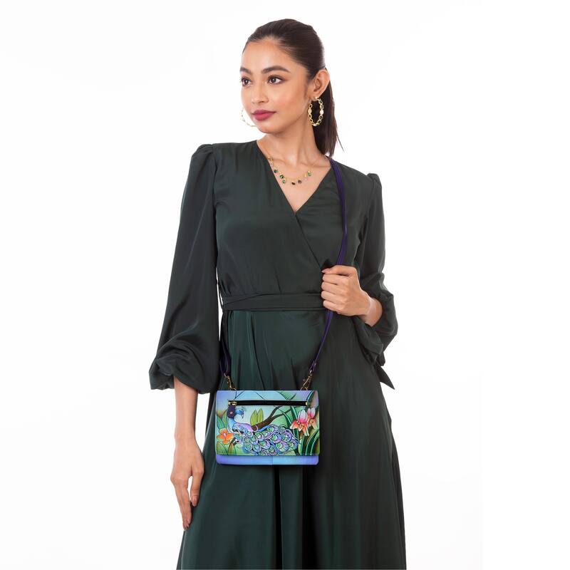 Handpainted Leather Ladies Organizer Wallet On a String - Midnight Peacock - Sky Blue