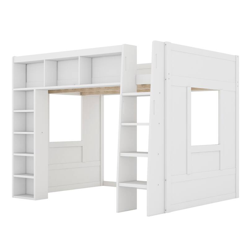 Queen Size Wooden Loft Bed with Storage Cabinets and Shelves, Multifunctional Country Style Design