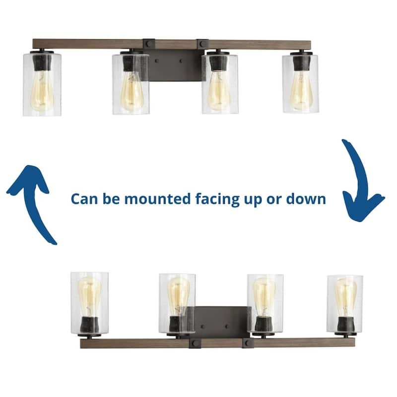 Barnes Mill Collection Four-Light Antique Bronze Clear Seeded Glass Farmhouse Bath Vanity Light - 32.25 in x 5.875 in x 8 in