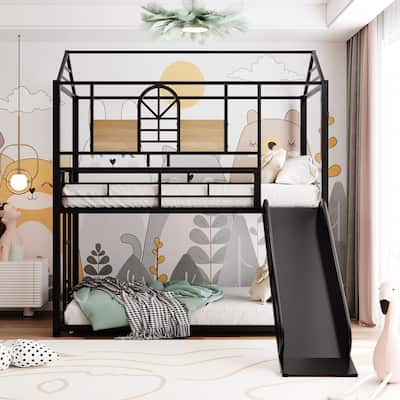 House-shaped Twin Over Twin Bunk Bed with MDF Shelf, Metal Bed Frame with Slide, Ladder, Roof, Windows for Kids Fun or Sleep