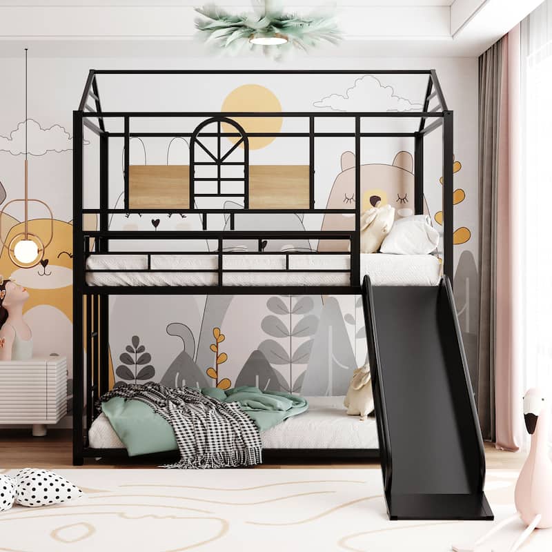 Twin Over Twin Metal Bunk Bed ,Metal Housebed With Slide,Three Colors Available.(Black with Black Slide)(OLD SKU :LP000095AAB)